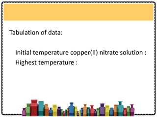 Tabulation of data:
Initial temperature copper(II) nitrate solution :
Highest temperature :
 