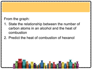 From the graph:
1. State the relationship between the number of
carbon atoms in an alcohol and the heat of
combustion
2. Predict the heat of combustion of hexanol
 