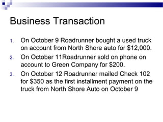 Business Transaction
1. On October 9 Roadrunner bought a used truck
on account from North Shore auto for $12,000.
2. On October 11Roadrunner sold on phone on
account to Green Company for $200.
3. On October 12 Roadrunner mailed Check 102
for $350 as the first installment payment on the
truck from North Shore Auto on October 9
 