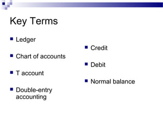 Key Terms
 Ledger
 Chart of accounts
 T account
 Double-entry
accounting
 Credit
 Debit
 Normal balance
 