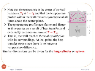 1/21/2018Heat Transfer
18
Similar discussions can be given for the long cylinder or sphere.
 Note that the temperature at the center of the wall
remains at 𝑻𝒊 at 𝒕 = 𝒕 𝟐 and that the temperature
profile within the wall remains symmetric at all
times about the center plane.
 The temperature profile gets flatter and flatter
as time passes as a result of heat transfer, and
eventually becomes uniform at 𝑻 = 𝑻∞.
 That is, the wall reaches thermal equilibrium
with its surroundings. At that point, the heat
transfer stops since there is no longer a
temperature difference.
 