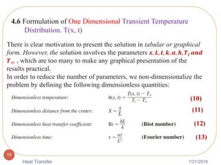 1/21/2018Heat Transfer
19
4.6 Formulation of One Dimensional Transient Temperature
Distribution. T(x, t)
There is clear motivation to present the solution in tabular or graphical
form. However, the solution involves the parameters 𝒙, 𝑳, 𝒕, 𝒌, 𝜶, 𝒉, 𝑻𝒊 𝒂𝒏𝒅
𝑻∞ , which are too many to make any graphical presentation of the
results practical.
In order to reduce the number of parameters, we non-dimensionalize the
problem by defining the following dimensionless quantities:
(10)
(11)
(12)
(13)
 