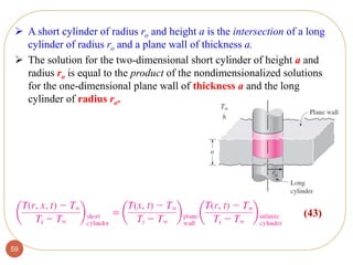 59
 A short cylinder of radius ro and height a is the intersection of a long
cylinder of radius ro and a plane wall of thickness a.
 The solution for the two-dimensional short cylinder of height a and
radius ro is equal to the product of the nondimensionalized solutions
for the one-dimensional plane wall of thickness a and the long
cylinder of radius ro.
(43)
 