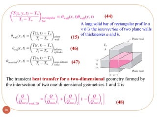 60
A long solid bar of rectangular profile a
 b is the intersection of two plane walls
of thicknesses a and b.
The transient heat transfer for a two-dimensional geometry formed by
the intersection of two one-dimensional geometries 1 and 2 is
(44)
(15)
(46)
(47)
(48)
 