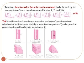 61
Transient heat transfer for a three-dimensional body formed by the
intersection of three one-dimensional bodies 1, 2, and 3 is
(49)
7.6 Multidimensional solutions expressed as products of one-dimensional
solutions for bodies that are initially at a uniform temperature Ti and exposed to
convection from all surfaces to a medium at T
 