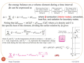 1/21/2018Heat Transfer
65
the energy balance on a volume element during a time interval
∆𝑡 can be expressed as
where 𝑸 conduction (interior nodes), convection,
heat flux, and radiation for boundary nodes.
(49)
 