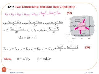 1/21/2018Heat Transfer
71
4.9.5 Two-Dimensional Transient Heat Conduction
Where,
(55)
(56)
 