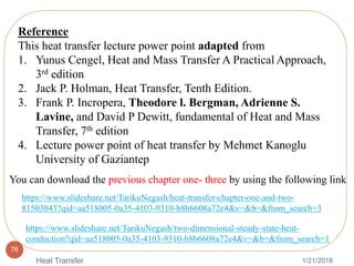 1/21/2018Heat Transfer
76
Reference
This heat transfer lecture power point adapted from
1. Yunus Cengel, Heat and Mass Transfer A Practical Approach,
3rd edition
2. Jack P. Holman, Heat Transfer, Tenth Edition.
3. Frank P. Incropera, Theodore l. Bergman, Adrienne S.
Lavine, and David P Dewitt, fundamental of Heat and Mass
Transfer, 7th edition
4. Lecture power point of heat transfer by Mehmet Kanoglu
University of Gaziantep
You can download the previous chapter one- three by using the following link
https://www.slideshare.net/TarikuNegash/heat-transfer-chapter-one-and-two-
81503043?qid=aa518005-0a35-4103-9310-b8b6608a72e4&v=&b=&from_search=3
https://www.slideshare.net/TarikuNegash/two-dimensional-steady-state-heat-
conduction?qid=aa518005-0a35-4103-9310-b8b6608a72e4&v=&b=&from_search=1
 