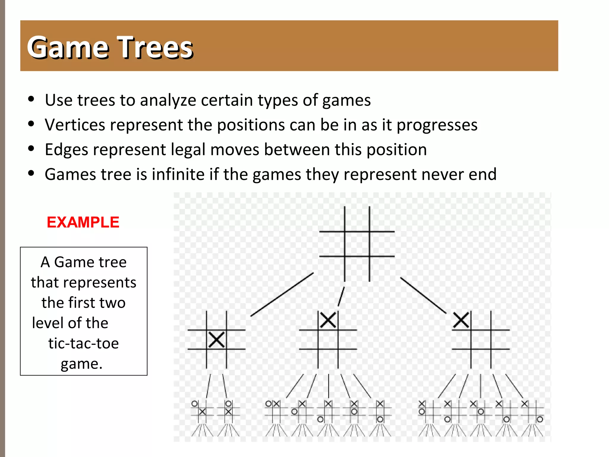 4.2APPLICATIONOFTREES
• Use trees to analyze certain types of games
• Vertices represent the positions can be in as it progresses
• Edges represent legal moves between this position
• Games tree is infinite if the games they represent never end
Game TreesGame Trees
EXAMPLE
A Game tree
that represents
the first two
level of the
tic-tac-toe
game.
 