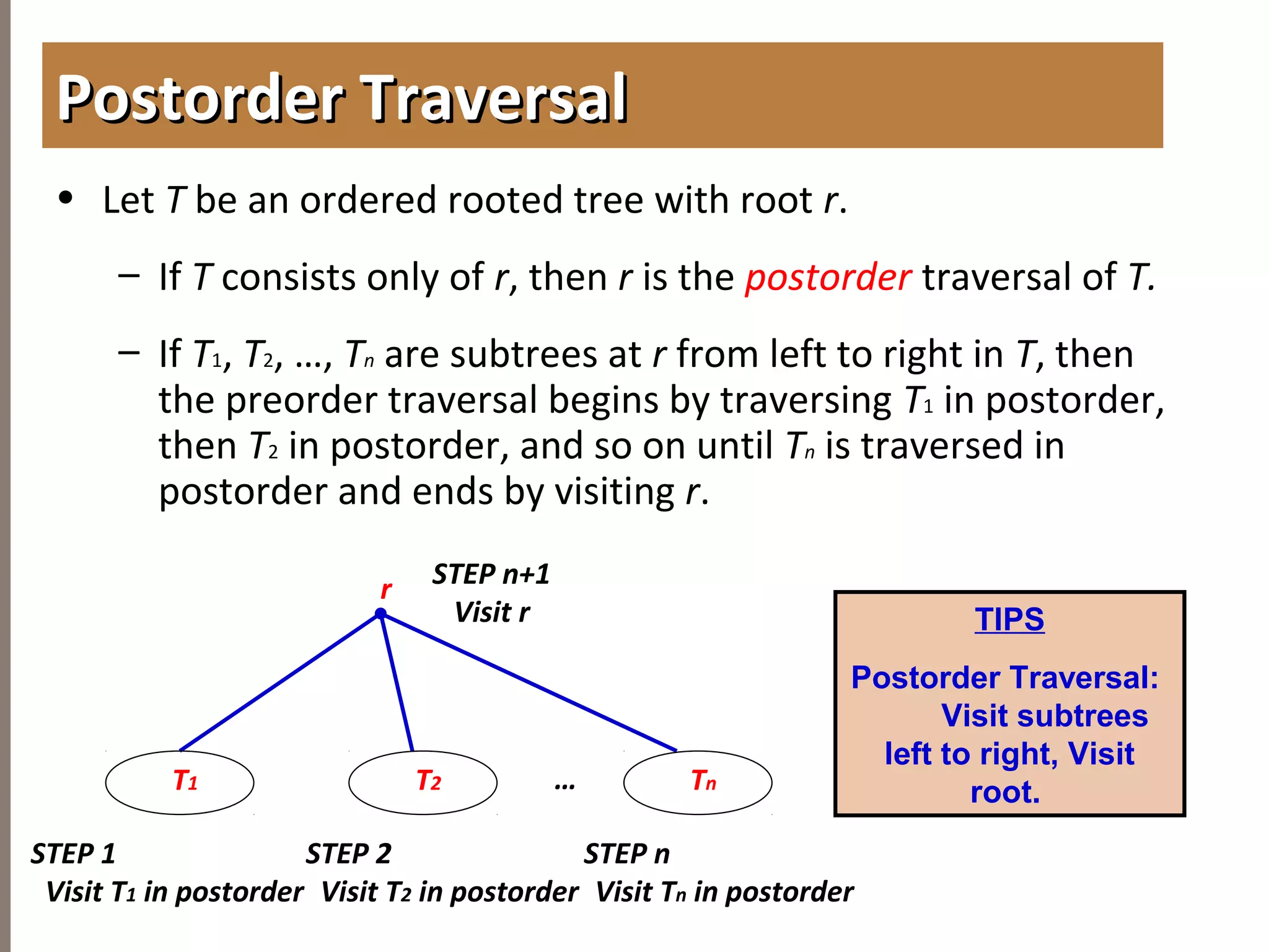 4.3TREETRAVERSAL
• Let T be an ordered rooted tree with root r.
– If T consists only of r, then r is the postorder traversal of T.
– If T1, T2, …, Tn are subtrees at r from left to right in T, then
the preorder traversal begins by traversing T1 in postorder,
then T2 in postorder, and so on until Tn is traversed in
postorder and ends by visiting r.
Postorder TraversalPostorder Traversal
Tn
r STEP n+1
Visit r
T2 …
STEP 1
Visit T1 in postorder
T1
STEP n
Visit Tn in postorder
STEP 2
Visit T2 in postorder
TIPS
Postorder Traversal:
Visit subtrees
left to right, Visit
root.
 