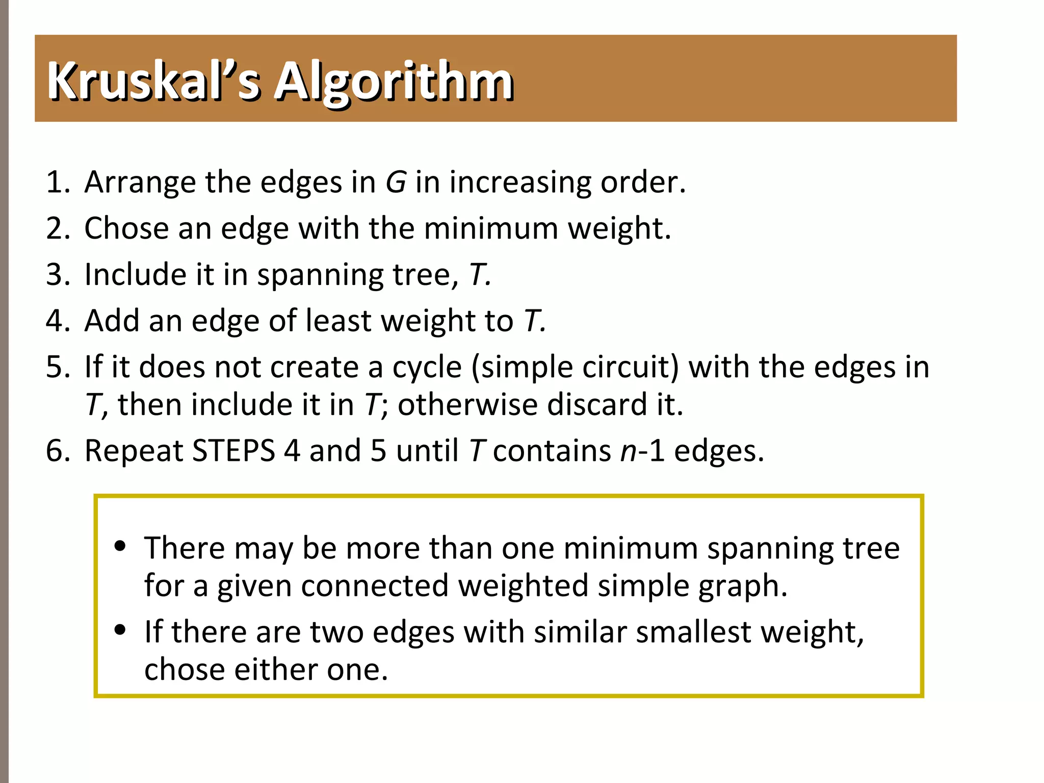 4.6MINIMUMSPANNINGTREES
1. Arrange the edges in G in increasing order.
2. Chose an edge with the minimum weight.
3. Include it in spanning tree, T.
4. Add an edge of least weight to T.
5. If it does not create a cycle (simple circuit) with the edges in
T, then include it in T; otherwise discard it.
6. Repeat STEPS 4 and 5 until T contains n-1 edges.
• There may be more than one minimum spanning tree
for a given connected weighted simple graph.
• If there are two edges with similar smallest weight,
chose either one.
Kruskal’s AlgorithmKruskal’s Algorithm
 