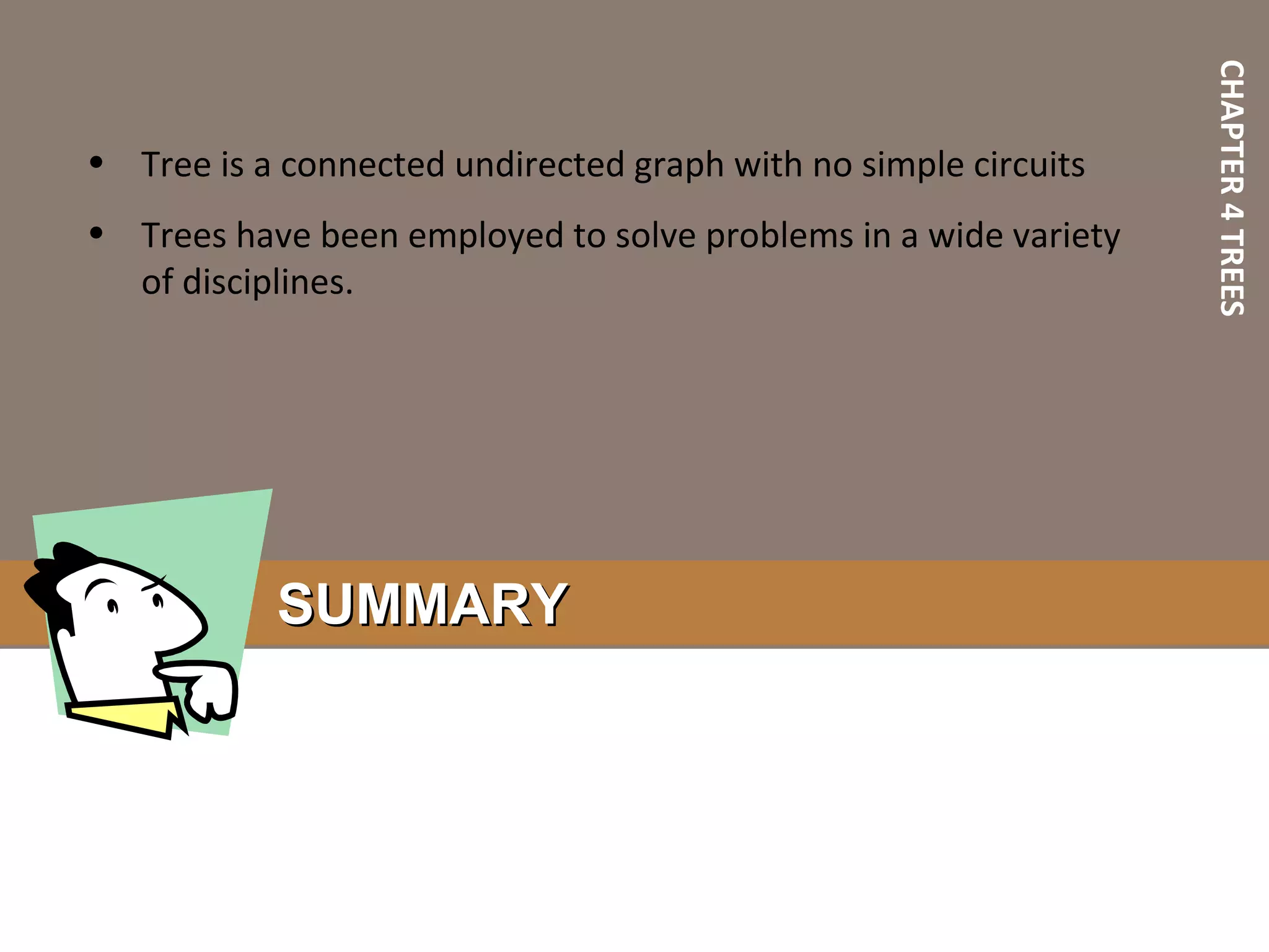 CHAPTER4TREES
SUMMARYSUMMARY
• Tree is a connected undirected graph with no simple circuits
• Trees have been employed to solve problems in a wide variety
of disciplines.
 