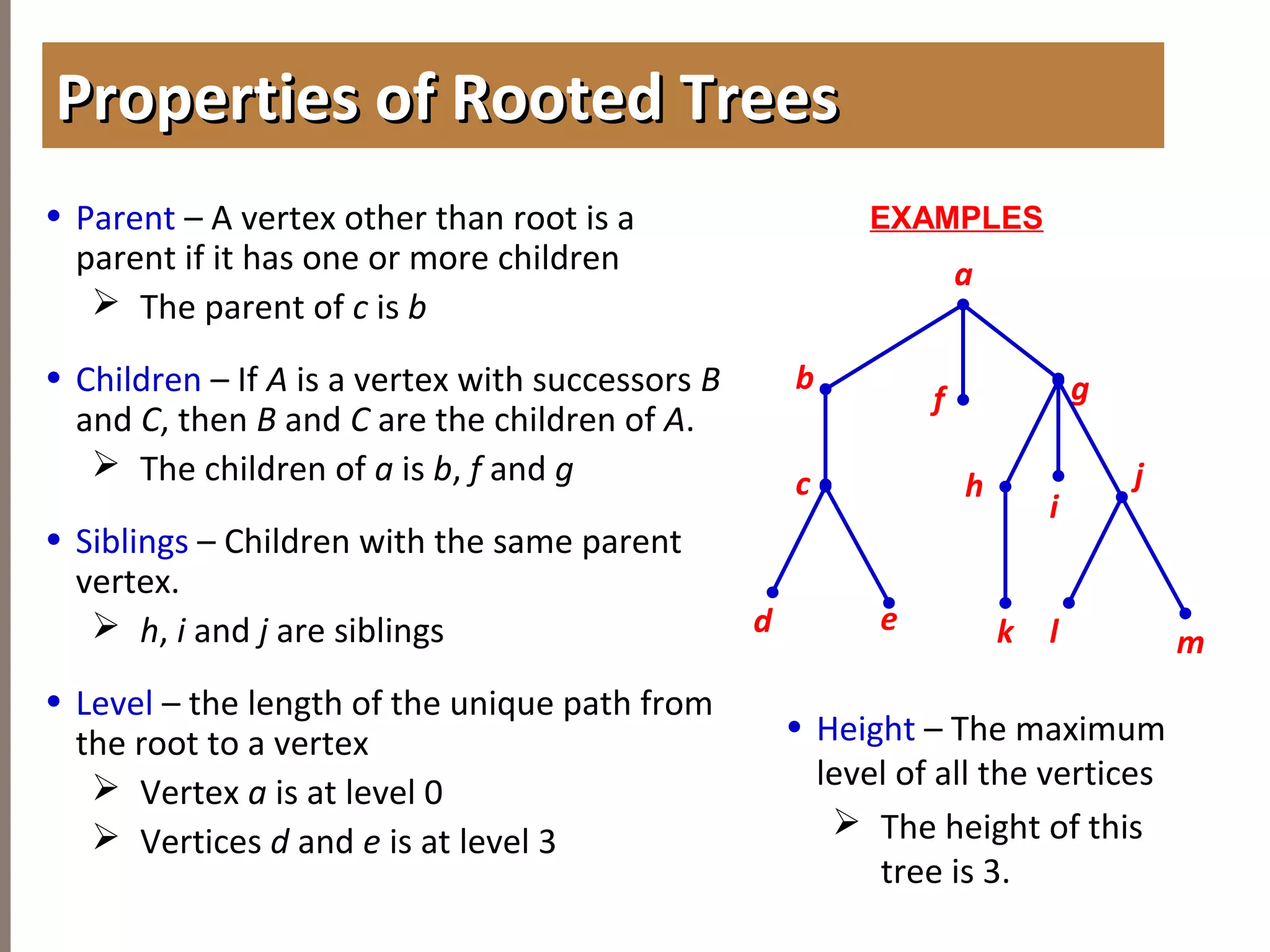 4.1INTRODUCTIONTOTREES
• Parent – A vertex other than root is a
parent if it has one or more children
 The parent of c is b
• Children – If A is a vertex with successors B
and C, then B and C are the children of A.
 The children of a is b, f and g
• Siblings – Children with the same parent
vertex.
 h, i and j are siblings
• Level – the length of the unique path from
the root to a vertex
 Vertex a is at level 0
 Vertices d and e is at level 3
Properties of Rooted TreesProperties of Rooted Trees
a
b
f g
h
d
EXAMPLES
e
i
jc
k l m
• Height – The maximum
level of all the vertices
 The height of this
tree is 3.
 