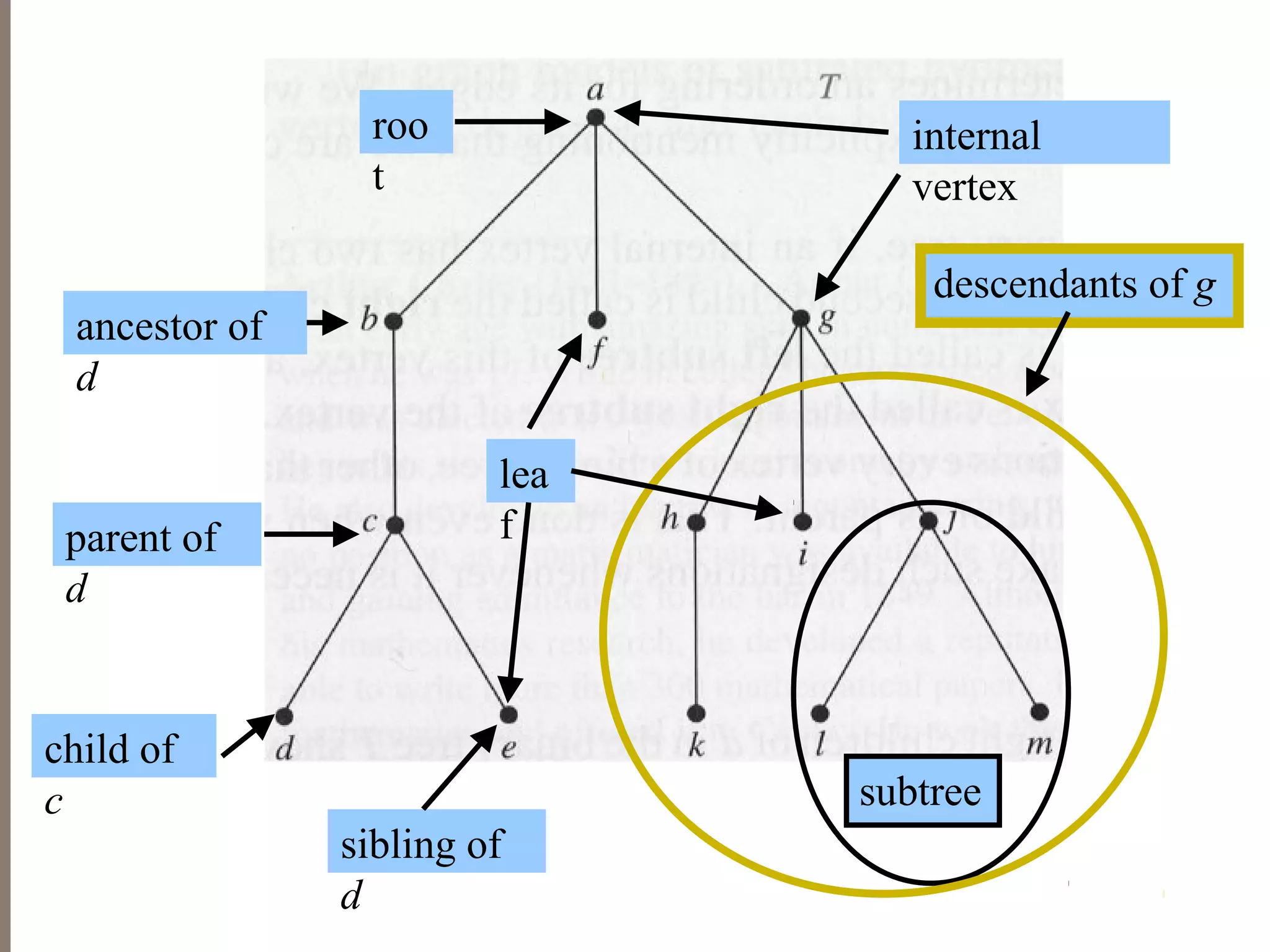 parent of
d
child of
c
sibling of
d
ancestor of
d
descendants of g
lea
f
internal
vertex
subtree
roo
t
 