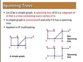4.5SPANNINGTREES
• Let G be a simple graph. A spanning tree of G is a subgraph of
G that is a tree containing every vertex of G.
• A simple graph is connected if and only if it has a spanning
tree.
• Applied in IP multitasking.
Spanning TreesSpanning Trees
a b c
e f g
d
a b c
e f g
d
a b c
e f g
d
A simple graph
Not
Spanning
tree
Spanning
tree
 