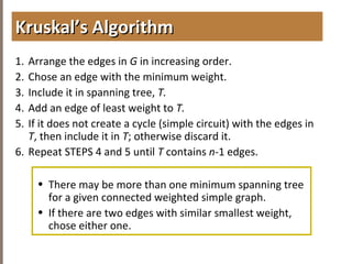 4.6MINIMUMSPANNINGTREES
1. Arrange the edges in G in increasing order.
2. Chose an edge with the minimum weight.
3. Include it in spanning tree, T.
4. Add an edge of least weight to T.
5. If it does not create a cycle (simple circuit) with the edges in
T, then include it in T; otherwise discard it.
6. Repeat STEPS 4 and 5 until T contains n-1 edges.
• There may be more than one minimum spanning tree
for a given connected weighted simple graph.
• If there are two edges with similar smallest weight,
chose either one.
Kruskal’s AlgorithmKruskal’s Algorithm
 