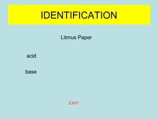 IDENTIFICATION 
Litmus Paper 
acid 
base 
red 
blue 
Säure 
Base 
EXP7 
 