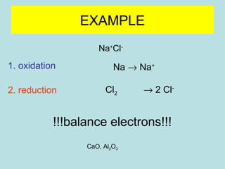 1. oxidation 
EXAMPLE 
2. reduction 
Na+Cl- 
Na ® Na+ + e 
Cl2 + 2 e ® 2 Cl- 
!!!balance electrons!!! 
CaO, Al2O3 
 