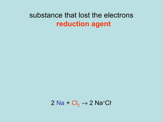 substance that lost the electrons 
reduction agent 
substance that gained the electrons 
oxidizing agent 
oxidizing agent is reduced 
reducing agent is oxidized 
2 Na + Cl2 ® 2 Na+Cl- 
 