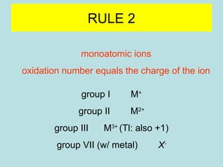 RULE 2 
monoatomic ions 
oxidation number equals the charge of the ion 
group I M+ 
group II M2+ 
group III M3+ (Tl: also +1) 
group VII (w/ metal) X- 
 