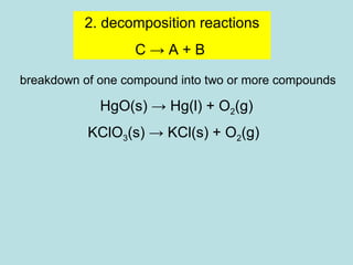 2. decomposition reactions 
C → A + B 
breakdown of one compound into two or more compounds 
HgO(s) → Hg(l) + O2(g) 
KClO3(s) → KCl(s) + O2(g) 
1. oxidation numbers 
2. balancing charges 
 
