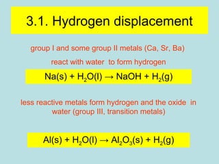 3.1. Hydrogen displacement 
group I and some group II metals (Ca, Sr, Ba) 
react with water to form hydrogen 
Na(s) + H2O(l) → NaOH + H2(g) 
less reactive metals form hydrogen and the oxide in 
water (group III, transition metals) 
Al(s) + H2O(l) → Al2O3(s) + H2(g) 
 