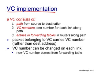 Network Layer 4-13
VC implementation
a VC consists of:
1. path from source to destination
2. VC numbers, one number for each link along
path
3. entries in forwarding tables in routers along path
 packet belonging to VC carries VC number
(rather than dest address)
 VC number can be changed on each link.
 new VC number comes from forwarding table
 