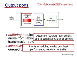 Network Layer 4-28
Output ports
 buffering required when datagrams
arrive from fabric faster than the
transmission rate
 scheduling discipline chooses among
queued datagrams for transmission
line
termination
link
layer
protocol
(send)
switch
fabric
datagram
buffer
queueing
This slide in HUGELY important!
Datagram (packets) can be lost
due to congestion, lack of buffers
Priority scheduling – who gets best
performance, network neutrality
 
