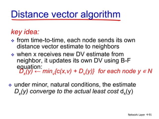 Network Layer 4-91
key idea:
 from time-to-time, each node sends its own
distance vector estimate to neighbors
 when x receives new DV estimate from
neighbor, it updates its own DV using B-F
equation:
Dx(y) ← minv{c(x,v) + Dv(y)} for each node y ∊ N
 under minor, natural conditions, the estimate
Dx(y) converge to the actual least cost dx(y)
Distance vector algorithm
 