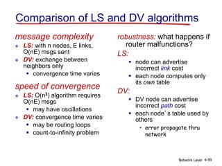 Network Layer 4-99
Comparison of LS and DV algorithms
message complexity
 LS: with n nodes, E links,
O(nE) msgs sent
 DV: exchange between
neighbors only
 convergence time varies
speed of convergence
 LS: O(n2) algorithm requires
O(nE) msgs
 may have oscillations
 DV: convergence time varies
 may be routing loops
 count-to-infinity problem
robustness: what happens if
router malfunctions?
LS:
 node can advertise
incorrect link cost
 each node computes only
its own table
DV:
 DV node can advertise
incorrect path cost
 each node’s table used by
others
• error propagate thru
network
 