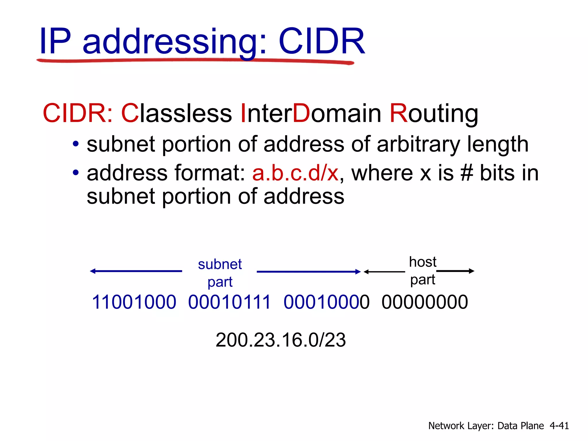 IP addressing: CIDR
CIDR: Classless InterDomain Routing
• subnet portion of address of arbitrary length
• address format: a.b.c.d/x, where x is # bits in
subnet portion of address
11001000 00010111 00010000 00000000
subnet
part
host
part
200.23.16.0/23
4-41Network Layer: Data Plane
 