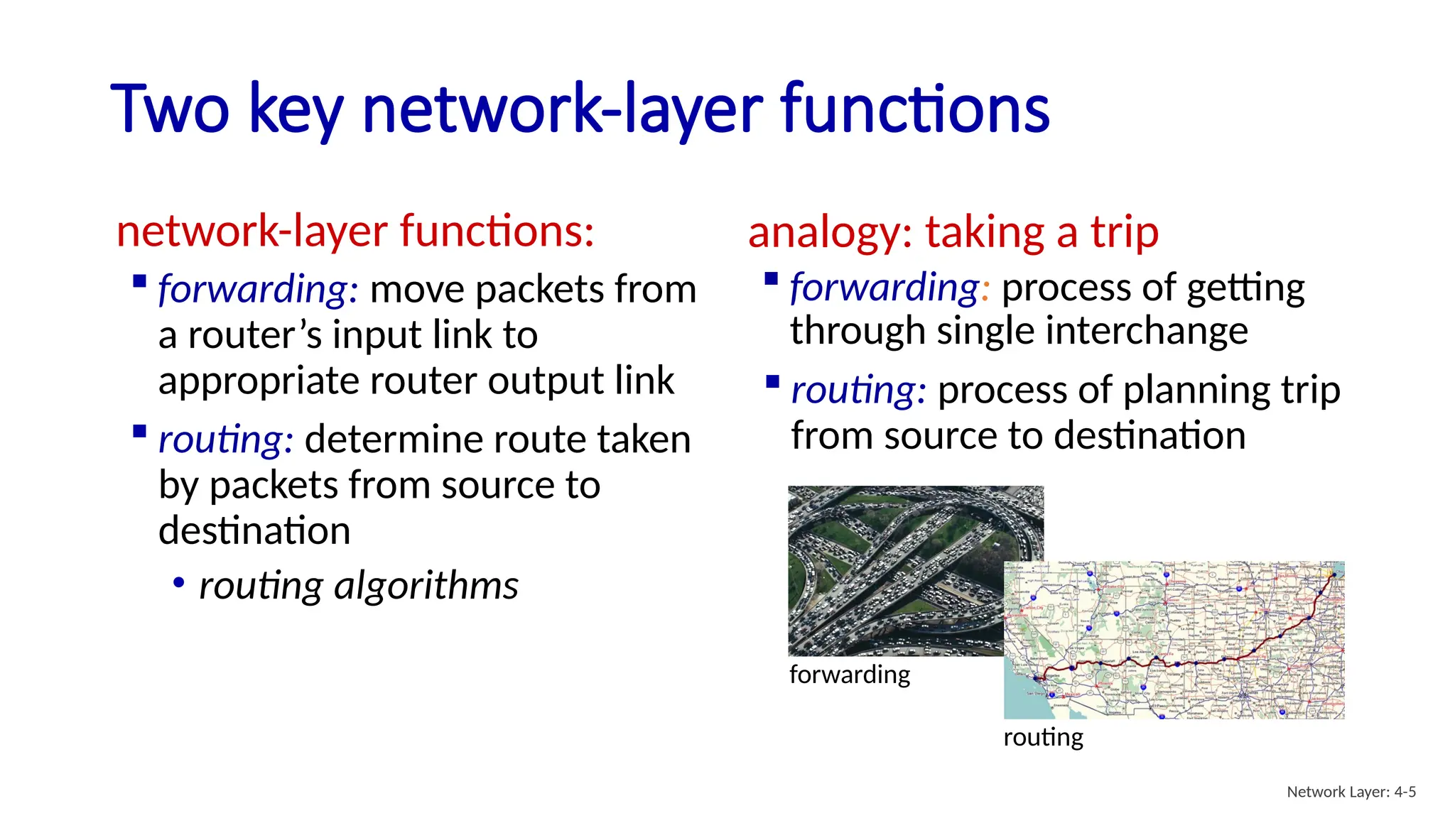Two key network-layer functions
network-layer functions:
 forwarding: move packets from
a router’s input link to
appropriate router output link
analogy: taking a trip
 forwarding: process of getting
through single interchange
forwarding
routing
 routing: process of planning trip
from source to destination
 routing: determine route taken
by packets from source to
destination
• routing algorithms
Network Layer: 4-5
 