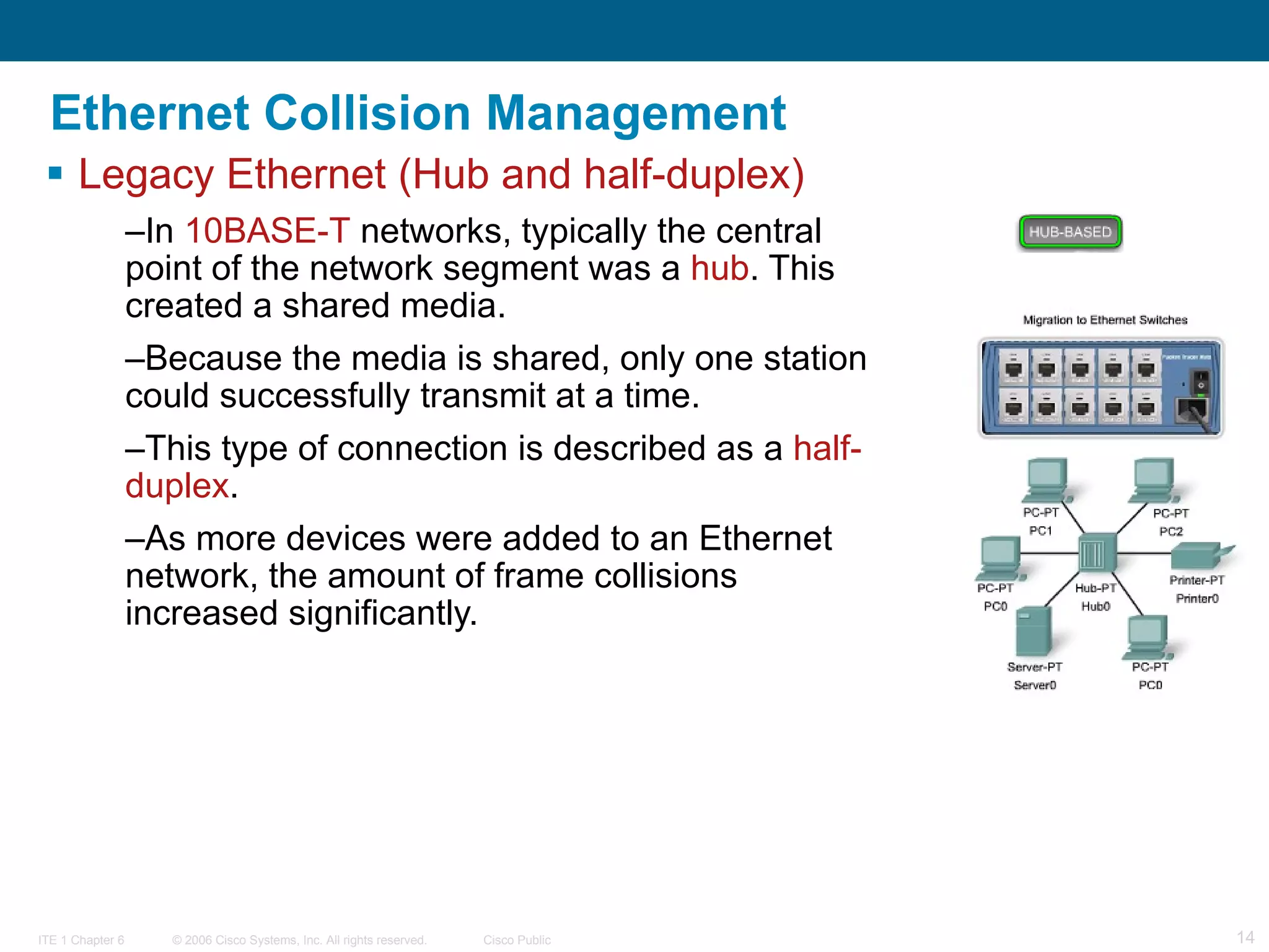 Ethernet Collision Management Legacy Ethernet (Hub and half-duplex) In  10BASE-T  networks, typically the central point of the network segment was a  hub . This created a shared media.  Because the media is shared, only one station could successfully transmit at a time.  This type of connection is described as a  half-duplex . As more devices were added to an Ethernet network, the amount of frame collisions increased significantly.  
