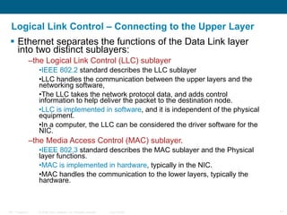 Logical Link Control – Connecting to the Upper Layer Ethernet separates the functions of the Data Link layer into two distinct sublayers:  the Logical Link Control (LLC) sublayer  IEEE 802.2  standard describes the LLC sublayer LLC handles the communication between the upper layers and the networking software,  The LLC takes the network protocol data, and adds control information to help deliver the packet to the destination node.  LLC is implemented in software , and it is independent of the physical equipment.  In a computer, the LLC can be considered the driver software for the NIC.  the Media Access Control (MAC) sublayer.  IEEE 802.3  standard describes the MAC sublayer and the Physical layer functions.  MAC is implemented in hardware , typically in the NIC. MAC handles the communication to the lower layers, typically the hardware.  