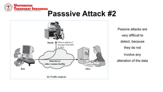 Passsive Attack #2
Passive attacks are
very difficult to
detect, because
they do not
involve any
alteration of the data
 