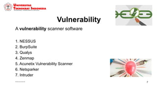 Vulnerability
A vulnerability scanner software
1. NESSUS
2. BurpSuite
3. Qualys
4. Zenmap
5. Acunetix Vulnerability Scanner
6. Netsparker
7. Intruder
......... 7
 