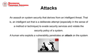 Attacks
An assault on system security that derives from an intelligent threat. That
is, an intelligent act that is a deliberate attempt (especially in the sense of
a method or technique) to evade security services and violate the
security policy of a system.
A human who exploits a vulnerability penetrates an attack on the system
 