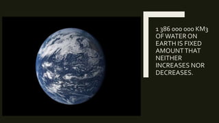 1 386 000 000 KM3
OFWATER ON
EARTH IS FIXED
AMOUNTTHAT
NEITHER
INCREASES NOR
DECREASES.
 