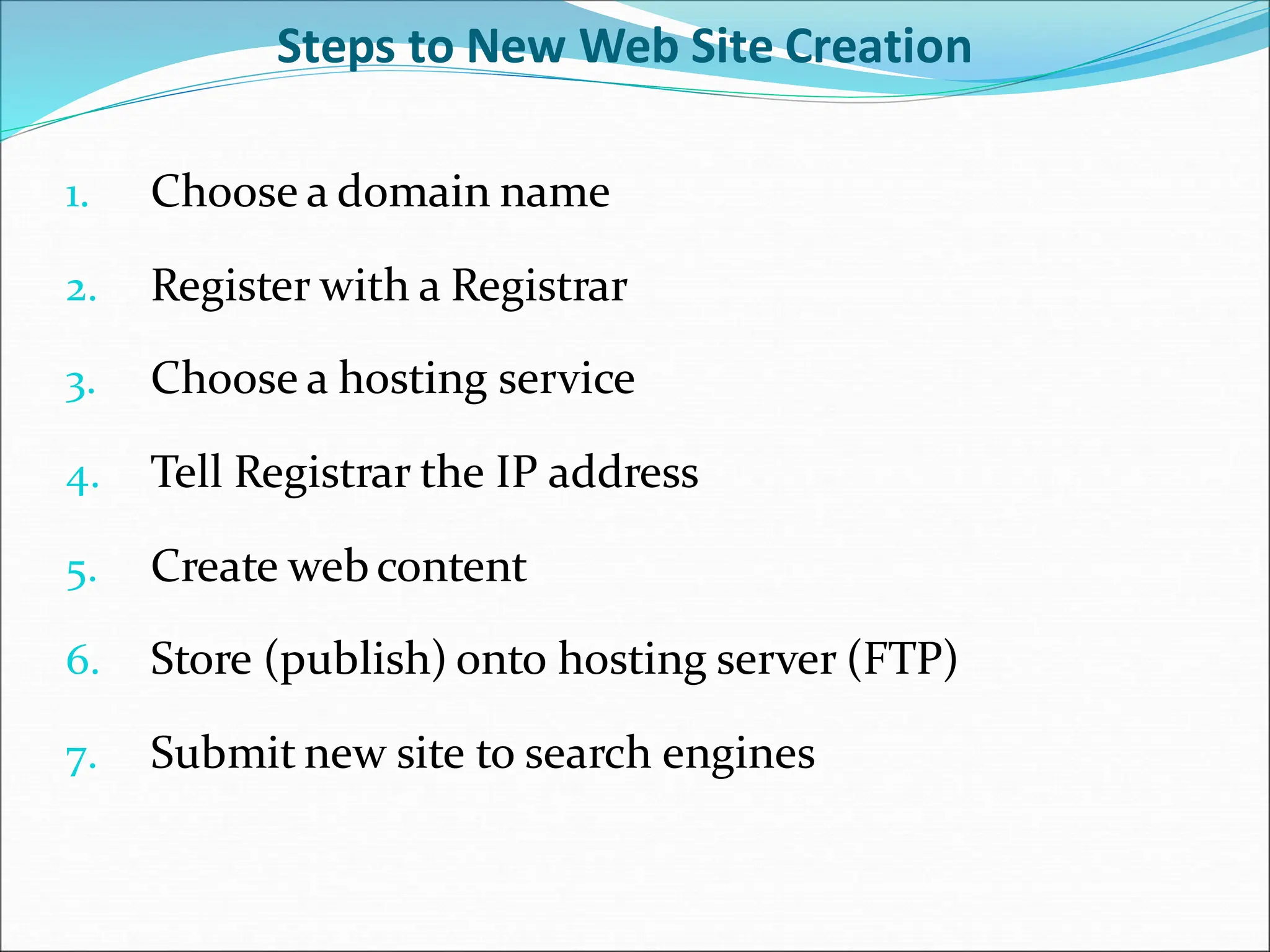 Steps to New Web Site Creation
1. Choose a domain name
2. Register with a Registrar
3. Choose a hosting service
4. Tell Registrar the IP address
5. Create web content
6. Store (publish) onto hosting server (FTP)
7. Submit new site to search engines
 