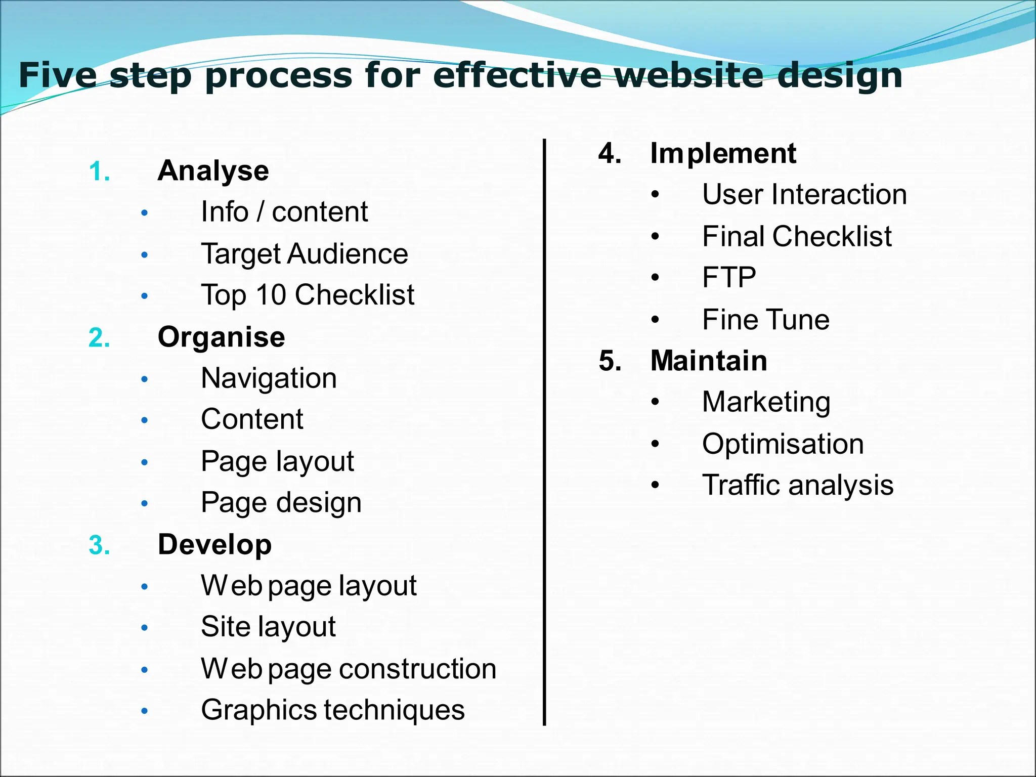Five step process for effective website design
1. Analyse
• Info / content
• Target Audience
• Top 10 Checklist
2. Organise
• Navigation
• Content
• Page layout
• Page design
3. Develop
• Webpage layout
• Site layout
• Webpage construction
• Graphics techniques
4. Implement
• User Interaction
• Final Checklist
• FTP
• Fine Tune
5. Maintain
• Marketing
• Optimisation
• Traffic analysis
 