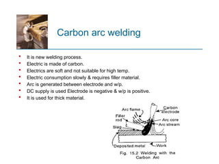 Carbon arc welding
 It is new welding process.
 Electric is made of carbon.
 Electrics are soft and not suitable for high temp.
 Electric consumption slowly & requires filler material.
 Arc is generated between electrode and w/p.
 DC supply is used Electrode is negative & w/p is positive.
 It is used for thick material.
 
