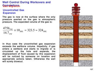 Well Control During Workovers and
Completions
107
Gas Migration
Uncontrolled Gas
Expansion
The gas is now at the surface where the only
pressure exerted on the gas is atmospheric
pressure. The expanded volume of the gas is:
BBLBBL
PSI
PSI
3245.32310
7.14
4756
≈=×
In thus case the uncontrolled gas expansion
exceeds the wellbore volume. Hopefully, if gas
enters a wellbore and starts to migrate or is
circulated up the hole and expands, the
displacement of fluid caused by this expansion
will be noticed by someone on location and
appropriate actions taken. Otherwise the well
will surely blowout.
 