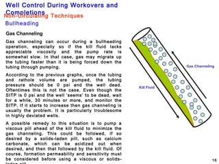 Well Control During Workovers and
Completions
16
Gas Channeling
Gas channeling can occur during a bullheading
operation, especially so if the kill fluid lacks
appreciable viscosity and the pump rate is
somewhat slow. In that case, gas may migrate up
the tubing faster than it is being forced down the
tubing through pumping.
According to the previous graphs, once the tubing
and rathole volume are pumped, the tubing
pressure should be 0 psi and the well dead.
Oftentimes this is not the case. Even though the
SITP is 0 psi and the well ‘seems’ to be dead, wait
for a while, 30 minutes or more, and monitor the
SITP. If it starts to increase then gas channeling is
usually the problem. It is particularly troublesome
in highly deviated wells.
A possible remedy to this situation is to pump a
viscous pill ahead of the kill fluid to minimize the
gas channeling. This could be followed, if so
desired by a solids-laden pill, such as calcium
carbonate, which can be acidized out when
desired, and then that followed by the kill fluid. Of
course, formation permeability and sensitivity must
be considered before using a viscous or solids-
Gas Channeling
Kill Fluid
Bullheading
Non-Circulating Techniques
 