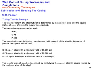 Well Control During Workovers and
Completions
29
Lubrication and Bleeding The Casing
Non-Circulating Techniques
With Packer
Tubing Tensile Strength
The tensile strength of a steel tubular is determined by the grade of steel and the square
inches of steel of which the tubular is comprised.
Tubing grades are annotated as such:
N-80,
C-75
P-110
The numerical values indicating the minimum yield strength of the steel in thousands of
pounds per square inch of steel.
N-80 pipe = steel with a minimum yield of 80,000 psi
C-75 pipe = steel with a minimum yield of 75,000 psi
P-110 pipe = steel with a minimum yield of 110,000 psi
The tensile strength can be determined by multiplying the area of steel in square inches by
the minimum yield of the steel.
 