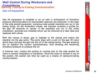 Well Control During Workovers and
Completions
38
Gas Lift Equipment
Gaining Tubing-to-Casing Communication
Gas lift equipment is installed in an oil well in anticipation of formation
pressure declining before all recoverable reserves are produced. In the case
of the side pocket equipment, numerous side pocket mandrels are run in the
tubing string. As the illustration shows, the mandrel contains a profile for
the gas lift dummies or valves. If the mandrels are run in the initial
completion, dummies are installed which can be removed at a later date and
replaced with valves
.
With the valves in place, gas is injected in the casing and enters the
mandrel via the gas ports. The ports align with a port on the gas lift valve
which then conveys the gas into the oil in the tubing string. The gas entering
the oil lightens the column hydrostatically, thus allowing the remaining
formation pressure to produce the oil.
A kickover tool, orients the pulling or running tool to the side pocket for
valve or dummy installation or extraction. Once the valve or dummy is out of
the pocket, the pocket can then be used as a means of casing-to-tubing
communication.
Courtesy of Halliburton
 