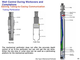 Well Control During Workovers and
Completions
43Otis Type A Mechanical Perforator
Slip Stop
Collar Stop
Tubing Perforation
Gaining Tubing-to-Casing Communication
The mechanical perforator does not offer the accurate depth
control of an E-line perforator but can still get the job done.
Either the slip stop or collar stop can be used as a perforating
platform for the mechanical perforator.
 