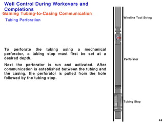 Well Control During Workovers and
Completions
44
Tubing Perforation
Gaining Tubing-to-Casing Communication
To perforate the tubing using a mechanical
perforator, a tubing stop must first be set at a
desired depth.
Next the perforator is run and activated. After
communication is established between the tubing and
the casing, the perforator is pulled from the hole
followed by the tubing stop.
Wireline Tool String
Perforator
Tubing Stop
 