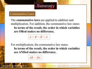 © 2009 Pearson Education, Upper Saddle River, NJ 07458. All Rights ReservedFloyd, Digital Fundamentals, 10th ed
Summary
Commutative Laws
In terms of the result, the order in which variables
are ORed makes no difference.
The commutative laws are applied to addition and
multiplication. For addition, the commutative law states
A + B = B + A
In terms of the result, the order in which variables
are ANDed makes no difference.
For multiplication, the commutative law states
AB = BA
 