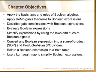 © 2009 Pearson Education, Upper Saddle River, NJ 07458. All Rights ReservedFloyd, Digital Fundamentals, 10th ed
Chapter Objectives
• Apply the basic laws and rules of Boolean algebra.
• Apply DeMorgan’s theorems to Boolean expressions
• Describe gate combinations with Boolean expressions
• Evaluate Boolean expressions
• Simplify expressions by using the laws and rules of
Boolean algebra
• Convert any Boolean expression into a sum-of-product
(SOP) and Product-of-sum (POS) form.
• Relate a Boolean expression to a truth table
• Use a karnaugh map to simplify Boolean expressions.
 