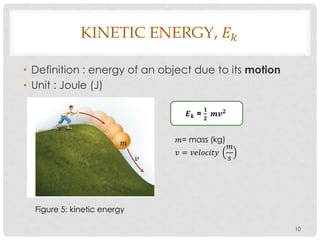KINETIC ENERGY, 𝐸 𝑘
• Definition : energy of an object due to its motion
• Unit : Joule (J)
10
𝑣
𝑚
𝑬 𝒌 =
𝟏
𝟐
𝒎𝒗 𝟐
𝑚= mass (kg)
𝑣 = 𝑣𝑒𝑙𝑜𝑐𝑖𝑡𝑦
𝑚
𝑠
Figure 5: kinetic energy
 